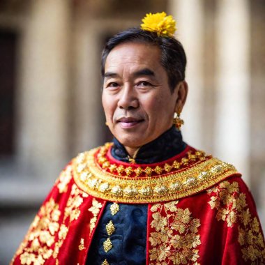 extreme macro portrait of asian old man in renaissance costume, ruff collar, golden robe, noble demeanor, detailed embroidery, ornate jewelry, old city background, regal pose, sharp focus. Portrait. Close up clipart