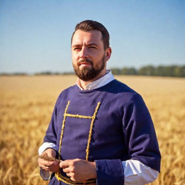 extreme macro portrait of a medieval man in renaissance costume standing in a field of wheat, adult male in simple farmer's attire, with the golden fields stretching out under a clear blue sky. Photo-realistic. clipart