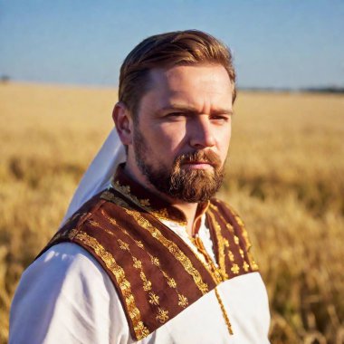 extreme macro portrait of a medieval man in renaissance costume standing in a field of wheat, adult male in simple farmer's attire, with the golden fields stretching out under a clear blue sky. Photo-realistic. clipart