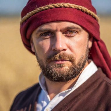 extreme macro portrait of a medieval man in renaissance costume standing in a field of wheat, adult male in simple farmer's attire, with the golden fields stretching out under a clear blue sky. Photo-realistic. clipart