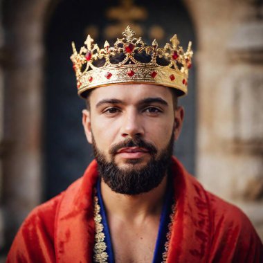 extreme macro portrait renaissance man with crown on the background of the castle, very detailed, full 8k wide focus, portrait close up clipart