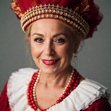 extreme macro portrait old woman in renaissance costume with crown, very detailed, full 8k wide focus, portrait close up clipart