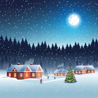 Christmas card with full shot of a snowy village with lit-up houses, children playing, and a large Christmas tree in the town square, deep focus, vector style clipart