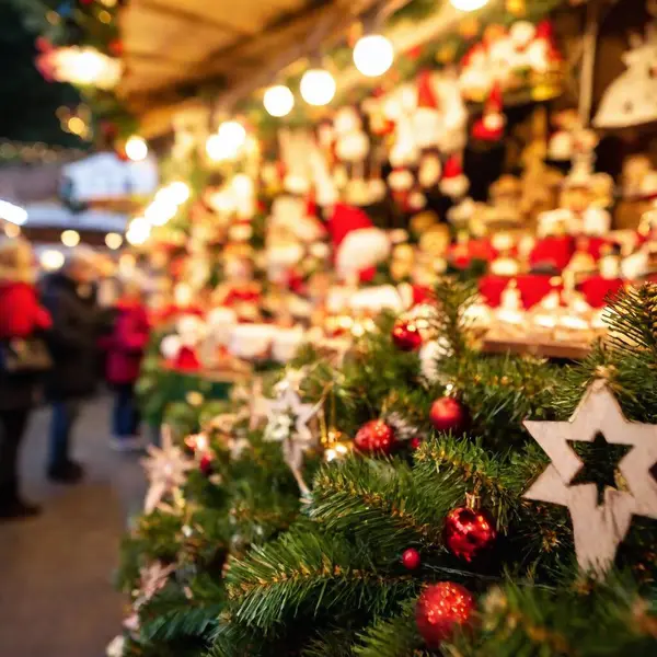 Christmas Card Full Shot Beautifully Decorated Christmas Market Stalls Selling — Stock Photo, Image