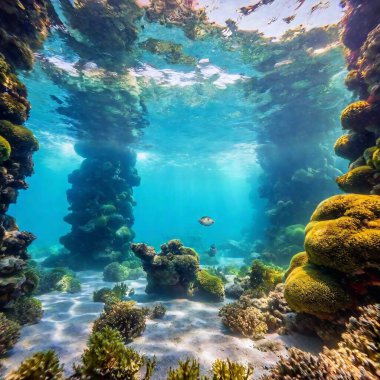 An extreme wide shot of a fantasy underwater world, captured from a low angle with shallow focus. The scene features a vibrant, magical ocean with glowing sea creatures, ancient ruins, and fantastical marine life clipart