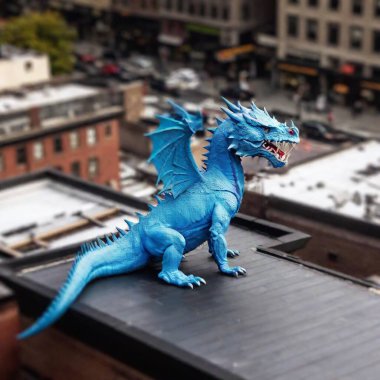 Big blue dragon on roof, New York city, 8bit, tilt shift photography, urban, from above, noir, portrait clipart