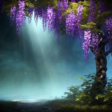 a wisteria tree in a magical dark forest, high contrast, mythology, cinematic, detailed, atmospheric, epic, matte painting, shafts of lighting, mist, photorealistic, concept art, volumetric light, cinematic, from above, fantasy clipart