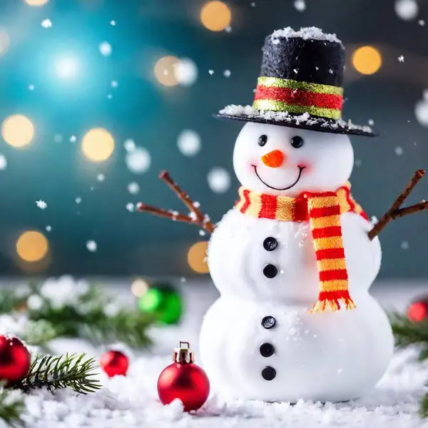 Playful Snowman Carrot Nose Scarf Surrounded Falling Snowflakes Festive Decorations — Stock Photo, Image