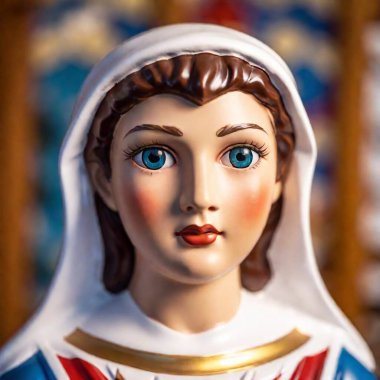 cartoon A close-up of a nativity scene figure's face, with a shallow focus and a Dutch angle, in a reverent anime style clipart