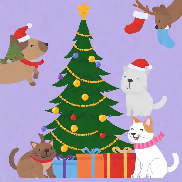 Pets Dressed Holiday Attire Playing Christmas Tree Presents Decorations Cute — Stock Photo, Image
