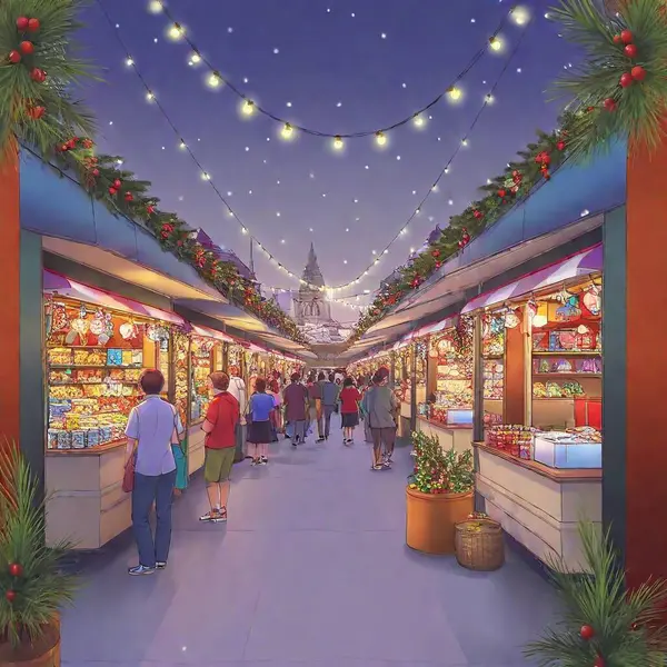 Cartoon Anime Style Christmas Market Bangkok Street Vendors Selling Holiday — Stock Photo, Image