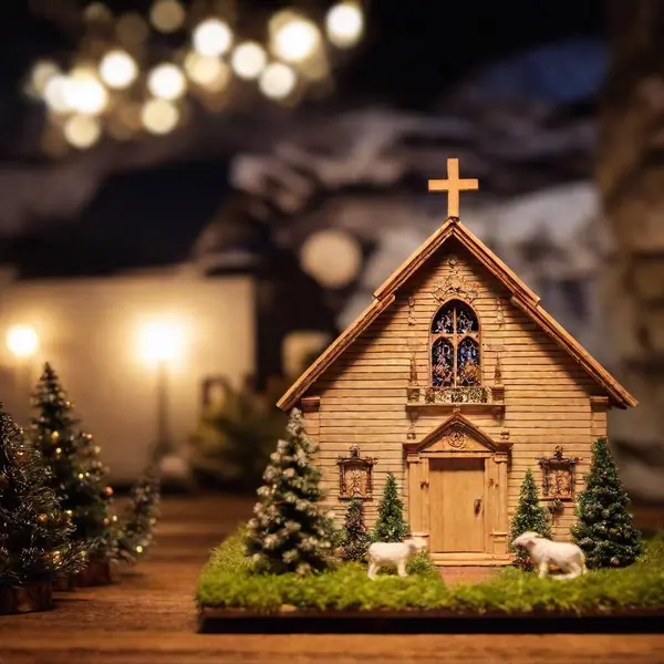 Christmas Card Long Shot Church Night Nativity Scene Front Nativity — Stock Photo, Image