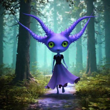 Terrible big-eyed space squid kitten in dark dress with spikes walking in lush forest, full character concept, rainbow light, trending on artstation, matte painting, animation lighting, depth of field, ultra detailed --ar 9:16 --q 2 --s 300 --v 5 clipart