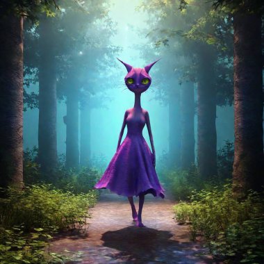 Terrible big-eyed space squid kitten in dark dress with spikes walking in lush forest, full character concept, rainbow light, trending on artstation, matte painting, animation lighting, depth of field, ultra detailed --ar 9:16 --q 2 --s 300 --v 5 clipart