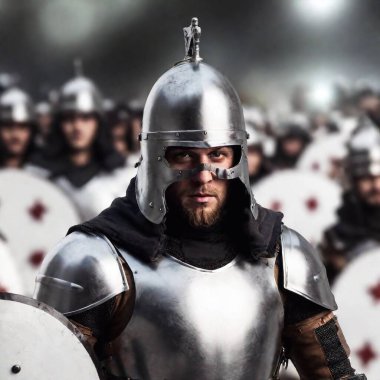 extreme macro close up portrait of a knight man leading a group of soldiers, male in armor, standing tall in a battlefield surrounded by banners and troops. Photo-realistic. clipart