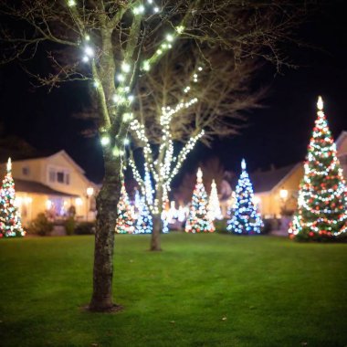 Küçük bir köyde son derece geniş bir noel ışıkları görüntüsü, her ev ve ağaç renkli ışıklarla aydınlatılmış, dijital sanat yüzeysel odaklı ve göz hizasında..