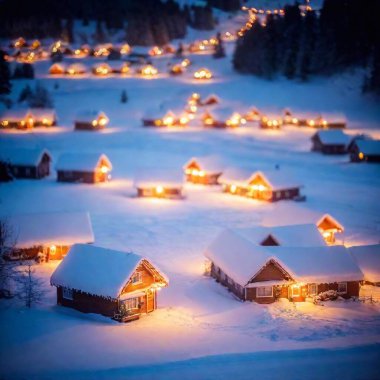 A long shot of a Christmas village blanketed in fresh snow, with each building outlined by festive lights, captured in deep focus and from a low angle clipart