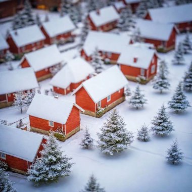 A full shot of a Christmas village blanketed in snow, captured from a high angle with a tilt-shift effect that focuses on the central buildings, giving a miniature appearance clipart