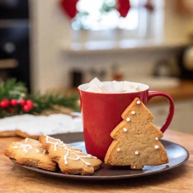 Christmas house A close-up of holiday cookies and a mug of hot cocoa on a kitchen counter, deep focus emphasizing the treats and the festive kitchen in the background, eye level shot, photo style clipart