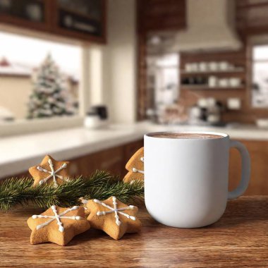 Christmas house a Long Shot 3D shot of holiday cookies and a steaming mug of hot cocoa on a kitchen counter, deep focus emphasizing the detailed textures of the treats and the festive kitchen backdrop, eye level shot clipart