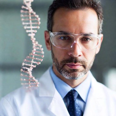 Scientist examining a DNA strand model, captured in extreme macro and soft focus. The detailed structure of the DNA is subtly blurred, emphasizing the complexity and elegance of genetic science. Photo-realistic clipart