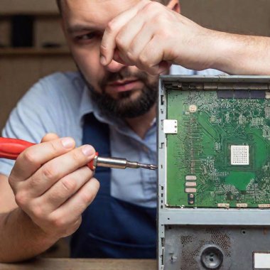 close up portrait technician hold the screwdriver for repairing the computer. the concept of computer hardware, repairing, upgrade and technology. clipart