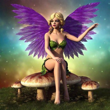 3D image of a blond Caucasian fairy seated gracefully on a mushroom, her wings outstretched, with intricate details on her attire and a whimsical background of fantastical flora clipart