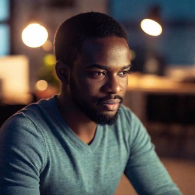 young handsome black man in dark office. clipart