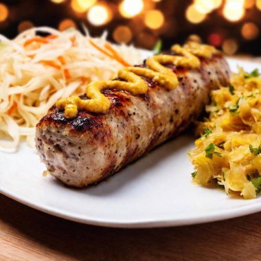 extreme macro image of a juicy sausage on a plate, with mustard and sauerkraut details rendered in shallow focus. The background features the blurred ambiance of an Oktoberfest tent clipart