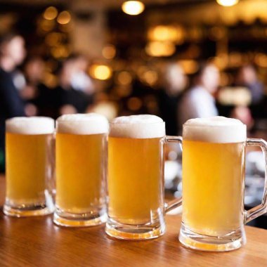 A high angle shot of several beer mugs lined up on a bar counter, ready to be served, with the Oktoberfest crowd and lights in the background softly out of focus clipart