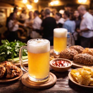 A high angle shot of a beer mug on a rustic wooden table, surrounded by traditional Oktoberfest foods, with the lively tent and crowd softly fading into the background clipart