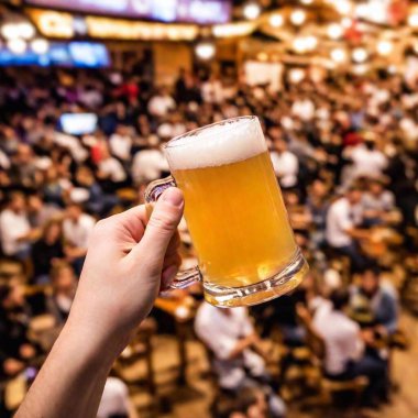 A cowboy shot of a beer mug being lifted off a table, viewed from above, with the Oktoberfest crowd and decorations softly blurred in the background clipart