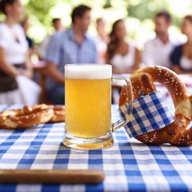 close-up image of a traditional Bavarian table setting, complete with a beer stein, pretzel, and blue-and-white checkered napkins. The rack focus transitions from the table to the lively festival crowd in the background, all captured at eye level. clipart