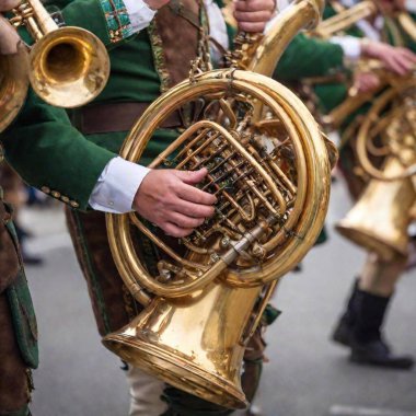 extreme close up A traditional Bavarian brass band performing at the Munich Oktoberfest celebrations, with musicians dressed in lederhosen playing instruments like the tuba and accordion. The lively music adds to the festive atmosphere. clipart