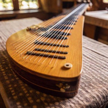 Extreme macro shot of a traditional Bavarian zither placed on a stage at Oktoberfest. The focus shifts to the strings and tuning pegs, capturing the fine details of the instrument, while the background fades into a soft blur. clipart