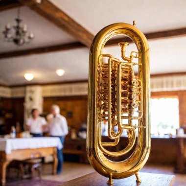 Extreme wide shot of a Bavarian beer tent interior, with a rack focus on an intricately carved wooden tuba stand holding a brass tuba. The detailed carvings are emphasized, as the surrounding tent decor softly blurs into the background clipart