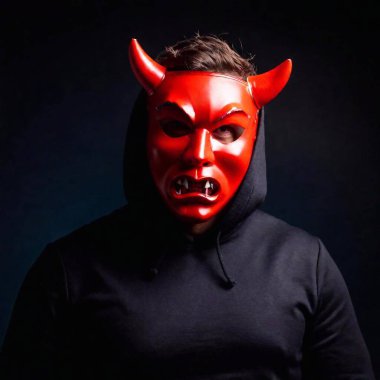 terrifying costume, Caucasian male, with red devil mask on face on black background clipart