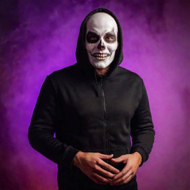 Caucasian male in a scary Halloween costume, captured in an extreme wide shot. skull make up on face, eerie costume, blur neon background clipart