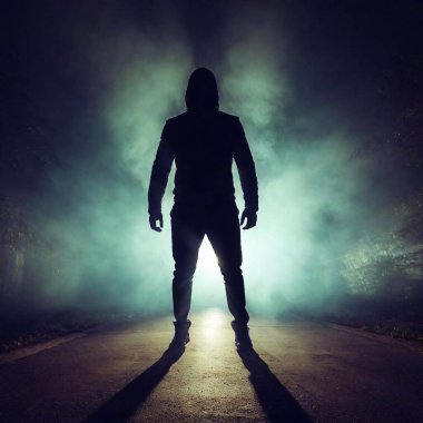 creepy creature, Werewolves man in street with fog at night clipart