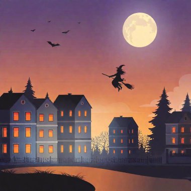 witch costume, spooky Halloween frightening costume flying above street with houses in autumn, vector illustration clipart