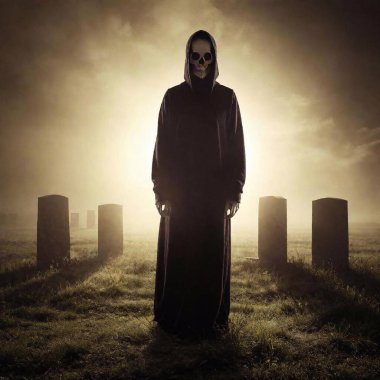 Grim Reaper creature, full body image in cemetery at night with fog clipart