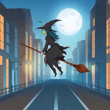 witch costume, spooky Halloween frightening costume flying above street with houses in autumn, vector illustration clipart