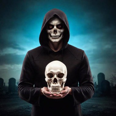 Grim Reaper creatures holding skull in hands and standing at nigh in cemetery clipart