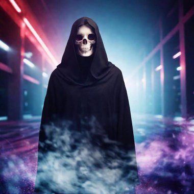 Grim Reaper creatures in mystical place with smoke and fog, night city street with neon illuminations clipart