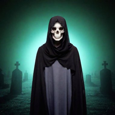 Grim Reaper creature, full body image in cemetery at night with fog clipart