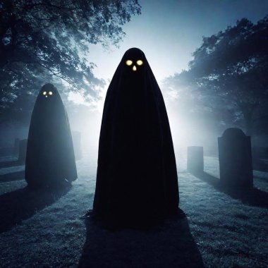 creepy black ghosts creatures with glowing eyes in cemetery at night with fog clipart