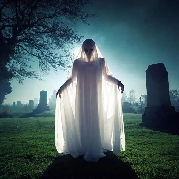 creepy ghost creature in cemetery at night with fog