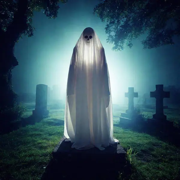creepy ghost creature in cemetery at night with fog