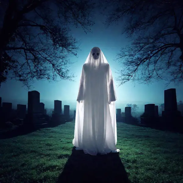 creepy ghost creature in cemetery at night with fog