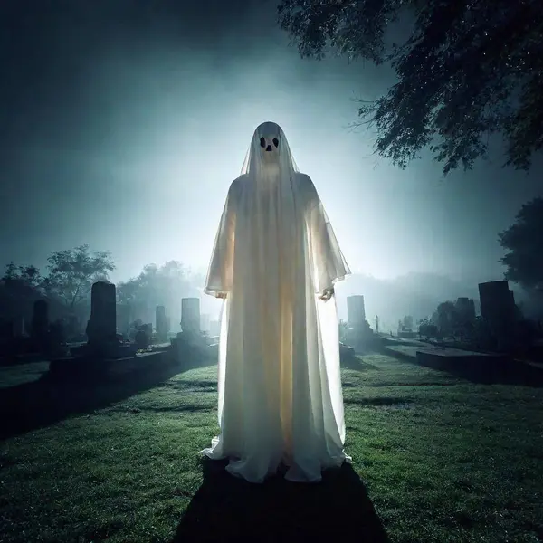 creepy ghost creature in cemetery at night with fog